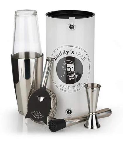Buddy´s Bar – Boston Bar-Set 700 ml - Cocktail-Set mit Boston-Shaker, Barmaß, Stößel und Barsieb aus hochwertigem Edelstahl, ideal für kreative Cocktails und perfekt als Geschenk!