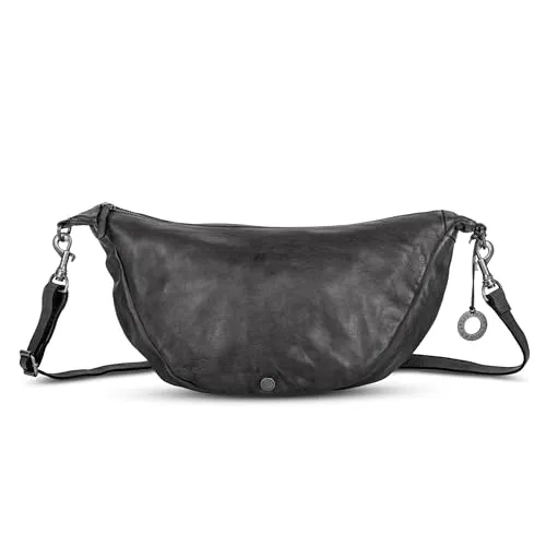 Cas8 Halbmondtasche LENI - Moon Bag mit verstellbarem Schultergurt, Umhängetasche aus Echtleder mit Reißverschluss, Schultertasche im Used-Look, graphite