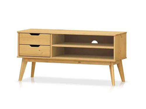 TV-Unterteil Fernsehkommode Lowboard BARNY II aus Kiefernholz - Modernes TV-Unterteil aus massivem Kiefernholz mit 2 offenen Fächern und 2 Schubkästen. Ideal für ein aufgeräumtes Wohnzimmer und einfache Kabelorganisation.