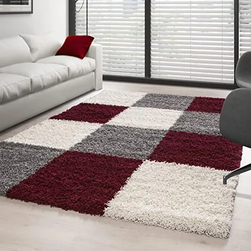 Carpettex Hochflor Teppich - Wohnzimmer Shaggy Flokati Modern Kariert Design 160 x 230 cm Rot - Schlafzimmer Weich Flauschig Waschbar - Küche Esszimmer Langflor