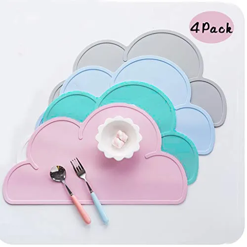 Coriver 4 STÜCKE Kinder Tischsets, Lebensmittelqualität Silikon Cloud Shaped Rutschfeste Faltbare Tragbare Tisch Tablett Hitzebeständige Geschirr Tischset Teller für Baby Kinder (Pink+Blau+Grün+Grau)