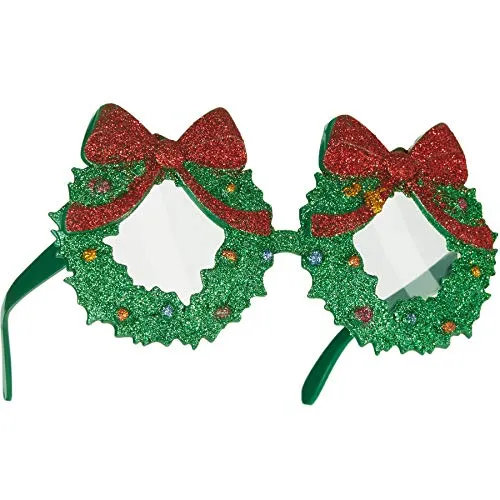 dressforfun 302776 - Spaßbrille Weihnachtskranz mit Schleife, grüne und rote Glitzeroptik