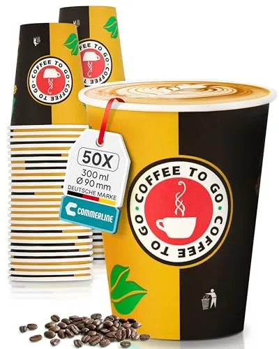 Commerline 50 stück 12oz_Ø90mm 300ml Kaffeebecher to go Pappe Einweg | Pappbecher Cups Coffee to Go Becher | Kaffee to+go Papierbecher Hartpapier Einwegbecher | Becher für Kafee/Tee