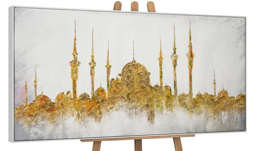 YS-Art Gemälde Moschee, Leinwandbild Islam Moschee in Gold mit Rahmen