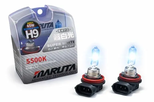MARUTA Super White H9 Halogenlampe, Tageslichtweiß, 2er Set - Hochwertige MARUTA SUPER WHITE Halogenlampen (H9, 65W) mit 5500K für optimales Licht. Ideal für Fernlicht und Nebellicht, einfach zu installieren und zugelassen nach StVZO.
