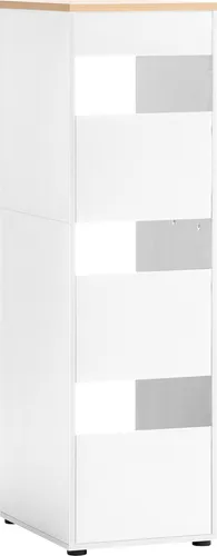 Wäscheschrank Hauswirtschaftsraum STOBY-80 in Weiß Matt mit Eiche - Praktischer Wäscheschrank in Weiß Matt und Eiche für dein Badezimmer oder die Waschküche. Mit cleverem Einwurfschacht für einfache Wäscheorganisation und stilvollem Design – ideal für ein modernes Zuhause.