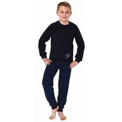 Normann Pyjama Kuscheliger Jungen langarm Frottee Schlafanzug mit Bündchen blau 152