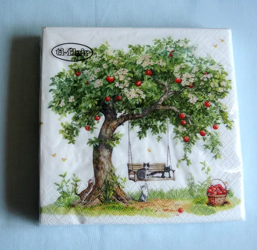 Servietten Katzen Apfelbaum Schaukel 1 Packung OVP Motivservietten Tiere 3xe 20