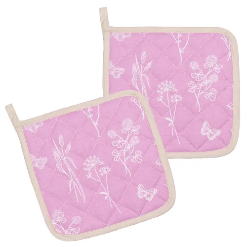 KRACHT 2er Set Topflappen Baumwolle wattiert Serie Wildblumen ca.22x22 cm pink