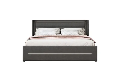 HAUSS SPOLE Polsterbett 160x200 mit LED-Beleuchtung, 4 Ablagefächern Leinen Grau ohne Matratze (mit Lattenrost, Leinenstoff 160*200cm), ohne Matratze