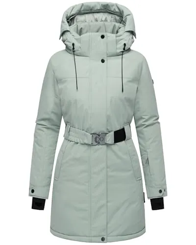 Navahoo Damen Wintermantel warmer Parka mit abnehmbarer Kapuze und Taillengürtel Frostkuss 14 Smokey Mint Gr. M
