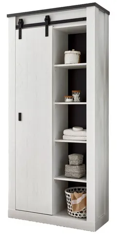 Furn.Design Mehrzweckschrank Stove - Hochschrank in Pinie weiß mit rustikalem Schiebetür-Design, ideal für Ordnung im Flur und bietet viel Stauraum bei kompakten Maßen (93 x 201 cm). Pflegeleicht und langlebig.