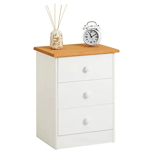 IDIMEX Nachttisch Rondo Kiefer, weiß/braun, 3 Schubladen - Robuster Nachttisch aus massivem Kiefernholz mit 3 geräumigen Schubladen. Ideal für Boxspringbetten, sorgt für Ordnung und Stil im Schlafzimmer.