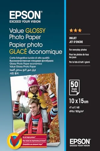 EPSON Fotopapier C13S400038 - 10,0 x 15,0 cm hochglänzend, 183 g/m², 50 Blatt für brillante Foto-Ausdrucke im täglichen Gebrauch