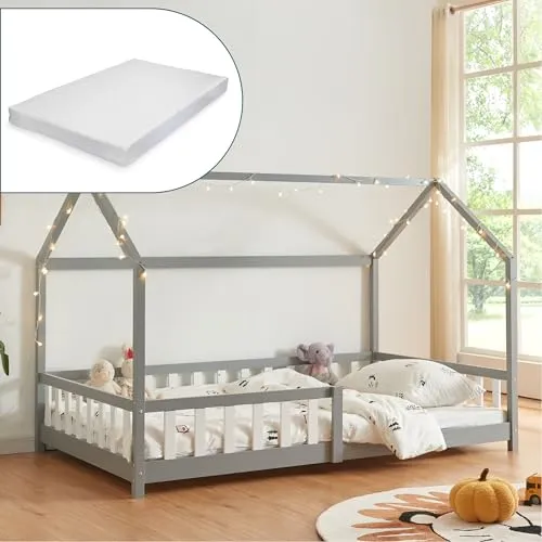 [en.casa] Kinderbett Hesel Hausbett mit Matratze 140 x 200 cm Grau - Kleinkindbett mit charmantem Hausdesign, inklusive Rausfallschutz und hochwertiger Kaltschaummatratze für optimalen Schlafkomfort und Sicherheit.