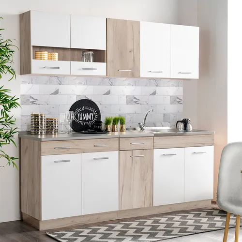 Homestyle4u Küchenblock 200 cm Weiß  - Küchenzeile ohne Geräte, kompakte Singleküche mit viel Stauraum und individuellem Hängeschrank-Design, ideal für kleine Wohnungen und Büros.