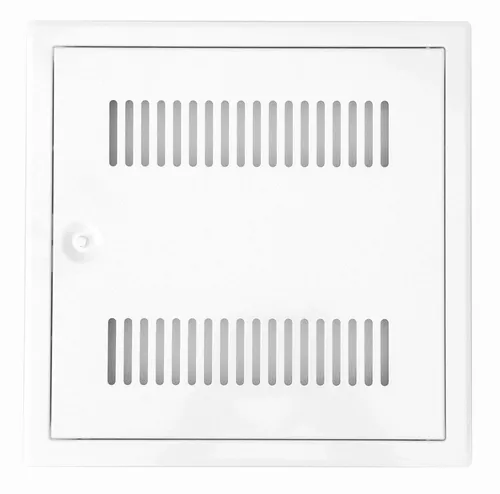 Revisionstür Softline weiß mit Lüftungsschlitzen und Vierkantverschluss 60 x 60 cm - Eingangstüren aus verzinktem Stahlblech, pulverbeschichtet in RAL9016, bieten optimale Belüftung und Sicherheit durch den praktischen Vierkantverschluss.