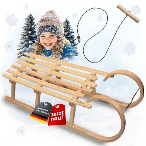 BAMBINIWELT Hörnerrodel Holzschlitten 120cm mit Zugseil