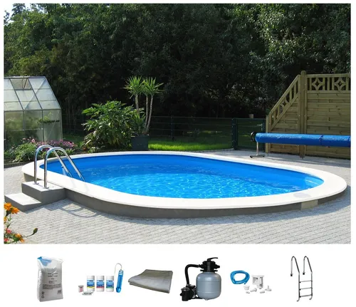 my POOL BWT Ovalpool PREMIUM mit blauer Innenfolie, 7-tlg. Komplett-Set - Ovales Stahlwandbecken mit robustem Aufbau und blauer Innenfolie. Enthält alles für den Start: Sandfilteranlage, Leiter und Wasserpflege-Set. Ideal für entspannte Sommertage!