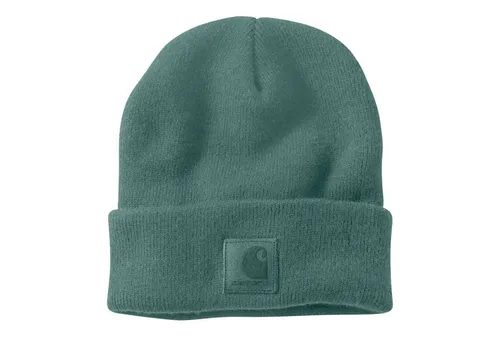 Carhartt Beanie 101070 Label Strickmütze grün - Mützen aus 100% Polyacryl, stretchig und sportlich, ideal für kalte Tage mit stylischem Leder-Logo.
