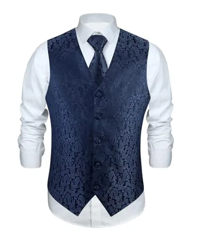 Enlision Anzugweste Navy blau Herren Hochzeit Paisley Westen & Krawatte Einstecktuch Party Floral Jacquard Anzug Weste Set XL