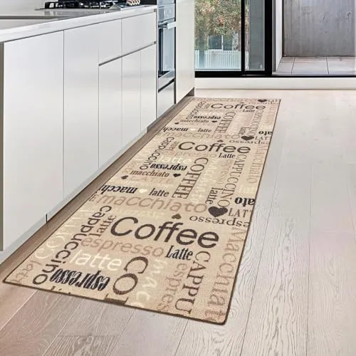 Küchenläufer Beige mit Gelrücken und Schriftzug Coffee von Teppich-Traum