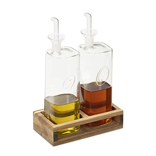 Navaris 2er Set Öl- und Essigspender aus Glas mit Holzständer - Ölflaschen-Set mit eleganten 220ml Spendern aus Borosilikatglas und einem stilvollen Akazienholzständer für präzises Dosieren ohne Kleckern.
