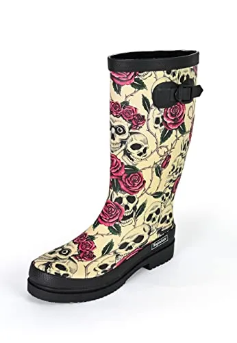 Regenliebe Damen Gummistiefel Ghost High, Größe: 39 EU - Modische Langschaft Gummistiefel für Damen mit Totenköpfen und roten Rosen, rutschfeste Sohle, kälteisolierende Einlegesohle - ideal für alle Wetterbedingungen.