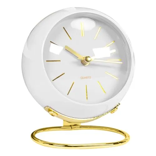 Colexy Tischuhr Analog Vintage, Quarzwecker Ohne Ticken, Wecker Analog Ohne Batterie, Weiß Wecker Quarz Lautlos mit Nachtlicht für Schlafzimmer, Nachttisch, Schreibtisch, Regal, Büro