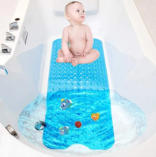 TWBEST Badewannenmatte,Duschmatte, Badematte für Badewanne, maschinenwaschbare rutschfeste Matte, extra Langer Badeeinsatz mit Ablaufloch, 40 x 100 cm (Blue)