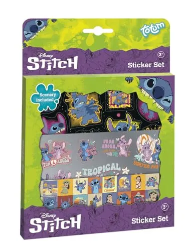 TM ESSENTIALS Stitch Sticker Set: Bunte Aufkleberbox mit 3 Bögen und Landschaftsbild - Perfektes Kindergeschenk & Bastelbedarf