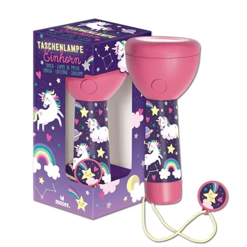 moses. Einhorn Taschenlampe, kompakte und robuste Kindertaschenlampe mit 4 LEDs, wiederaufladbare Akku Taschenlampe mit Deko-Anhänger, Geschenk für Kinder ab 4 Jahren, Pink