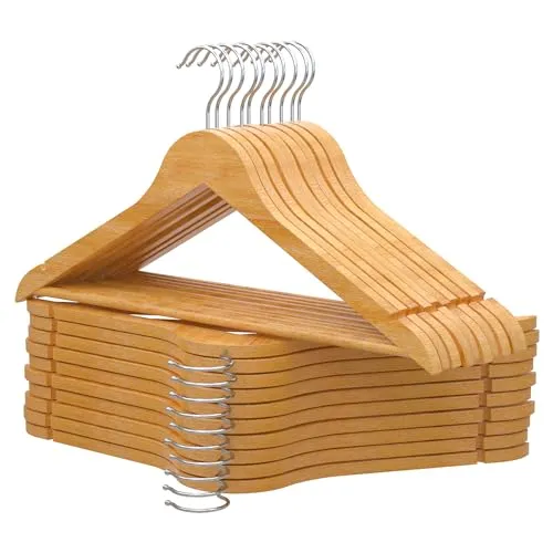 PORTENTUM Kleiderbügel Holz, 20 Stück, Naturfarben - 360° Drehbarer Haken, Rockkerben für Kleider und Blusen, Rutschfester Hosensteg, Geeignet für Anzüge, Hemden, Jacken