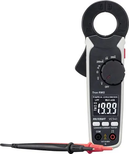 VOLTCRAFT VC541 Leckstromzange 100 µA - Digitale Leckstromzange für präzise Messungen ab 100 µA. Mit schwarzem LED-Display und Data-Hold-Funktion für einfache Ablesbarkeit. Ideal für sichere elektrische Prüfungen.