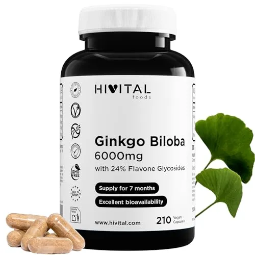 Ginkgo Biloba 6000 mg. 210 vegane Kapseln für eine 7-monatige Kur. Der beste konzentrierte Naturextrakt 50:1 mit 24% Flavonoiden und 6% Terpenen. Hergestellt von HIVITAL