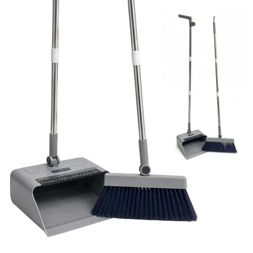 Relaxdays Besen und Kehrschaufel Set, grau | 2 in 1 Kehrgarnitur langer Stiel, 180 grad drehbar, Stehkehrset, Edelstahl