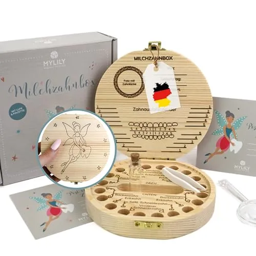 MYLILY Milchzahndose Zahnfee aus Holz – Personalisierbare Kinderzahndose - Praktische und sichere Zahndose für Milchzähne mit spezieller Aufteilung, hygienischen Extras wie Lupe und Pinzette. Aus FSC-zertifiziertem Holz, ideal als persönliches Erinnerungsstück für Kinder.