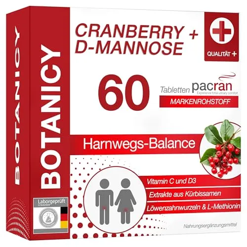 BOTANICY Cranberry + D-Mannose - Blasen- und Harnwegsgesundheit - Fruchtextrakt aus Cranberry – Hochwertiges PACRAN® Pulver kombiniert mit D-Mannose, Vitaminen und Pflanzenstoffen zur Unterstützung bei Blasenentzündungen und Harnwegsinfektionen.