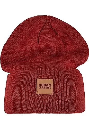 Urban Classics Unisex Synthetic Leatherpatch Long Beanie-Mütze, Burgundy, one Size