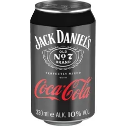 Jack Daniels & Coca-Cola Dose 10% 0,33 Liter - Whisky Premix-Longdrink, der perfekte Mix aus Jack Daniel's Tennessee Whiskey und Cola, ideal für eine bequeme Erfrischung unterwegs.