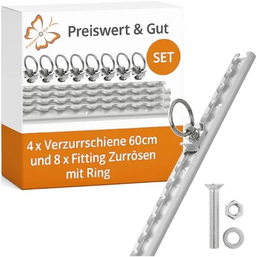 Preiswert&Gut 4X Verzurrschiene 60cm – Sichere Ladungssicherung für Anhänger und LKW - Verzurrungsmaterial für Bootsanhänger, inklusive 8 Zurrösen und umfangreichem Befestigungsmaterial für einfache Installation und maximale Stabilität.