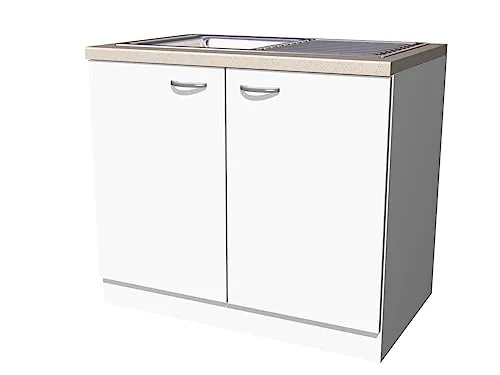 Flex-Well Smart Möbel Spülenunterschrank 100 cm mit Spüle und Arbeitsplatte - Weiß - Küchenunterschrank mit integrierter Einbauspüle und stilvoller Arbeitsplatte, optimaler Stauraum durch 2 Drehtüren und langlebige Materialien für einfache Montage.