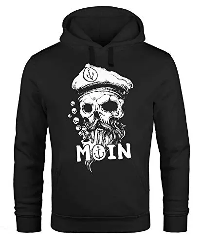 Neverless® Hoodie Herren Moin Kapitän Totenkopf Anker Bart Hamburg Print Männer Fashion Streetstyle schwarz 3XL