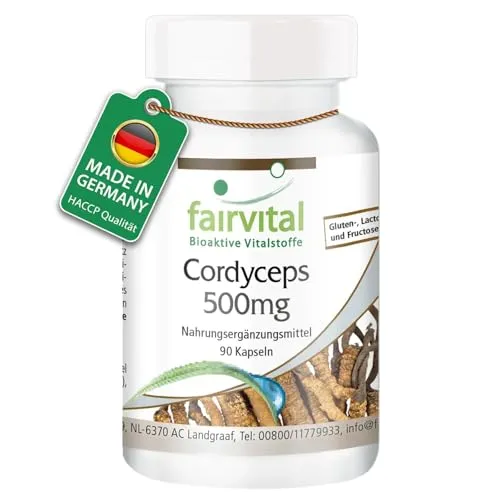 fairvital Cordyceps 500mg, 90 Kapseln, schluckfreundlich, 500mg Cordyceps Pilzpulver pro Kapsel, HOCHDOSIERT, Cordyceps Sinensis (Raupenpilz), VEGAN