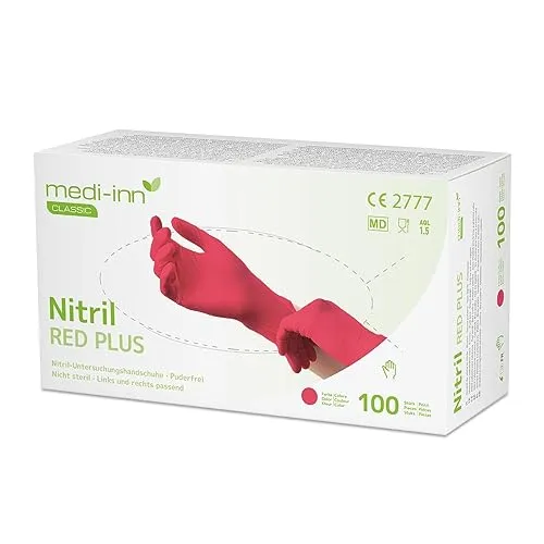 Medi-Inn Nitril Red Plus Einmalhandschuhe, rot, puderfrei (Gr. L, 1 x 100 Stück)