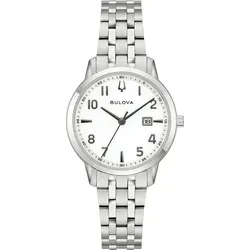 Bulova 96M174 Damen Armbanduhr – Elegante Quarz Uhr mit Edelstahlarmband - Stilvolle Damenarmbanduhr von Bulova mit rundem Edelstahlgehäuse und elegantem weißen Ziffernblatt. Ideal für jeden Anlass und wasserdicht bis 3 ATM.