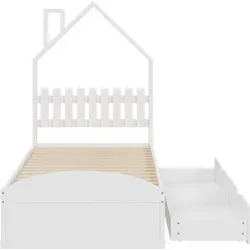 Holzbett Kinderbett mit Haus-Kopfteil und Stauraum - Das 90x200 cm große Kinderbett vereint Stil und Funktionalität. Mit zwei großen Schubladen für Ordnung und einem bequemen Kopfteil zum Entspannen ist es ideal für kleine Räume.