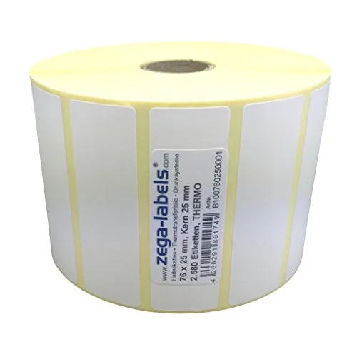 Thermo Etiketten auf Rolle - 76 x 25 mm - 2.580 Stück je Rolle - Kern: 25 mm - aussen gewickelt - permanent haftend - Druckverfahren: Thermodirekt (Drucken ohne Farbband)