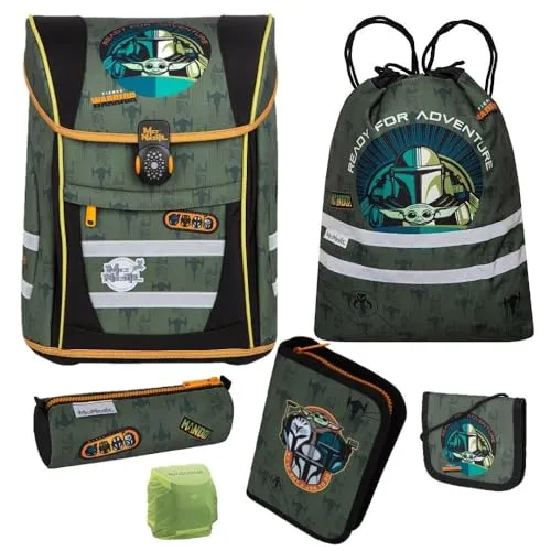 Familando Star Wars Mandalorian Schulranzen Set für Jungen 1. Klasse - Ergonomisches Schultaschen-Set mit gefüllter Federmappe und Turnbeutel, ideal für kleine Star Wars Fans. Leicht und geräumig mit 18 L Volumen – perfekt für den Schulstart!