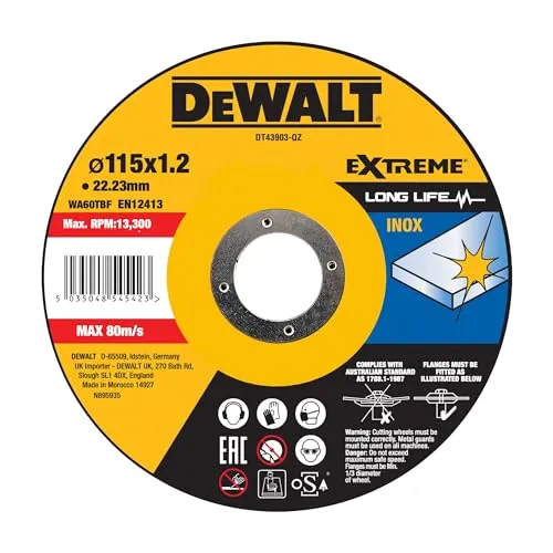 Dewalt Extreme Trennscheibe DT43903 (Ø 115mm x 1,2mm, Typ 41 (flach), Bohrung 22,23 mm, für Inox-Stahl, mit Aluminiumoxid, für den Einsatz auf Kabel- & Akku-Winkelschleifern, mit OSA-Zertifizierung)